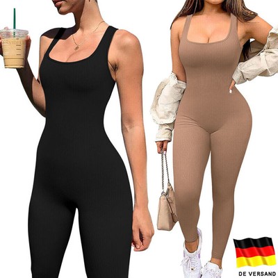 Damen Jumpsuit Sport Yoga Gym Fitness Einteiler Bodysuit Trainingsanzug Overall