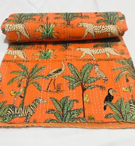 Indian Multi Jungle Twin Size Kantha Quilt Vintage Bedspread Handmade Blanket US - Afbeelding 1 van 3