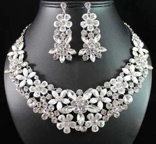 DAISY CLEAR AUSTRIAN RHINESTONE BRIDAL NECKLACE EARRINGS SET SILVER PARTY N1785W