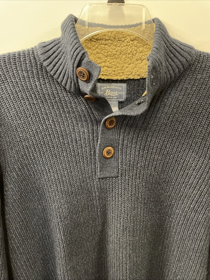 G.H. Bass Mens Size Large Blue Ribbed Henley Pullover Knit Sweater Long Sleeve - Image 2 of 4