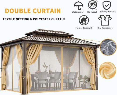 10' x 12' Outdoor Hardtop Gazebo Canopy w/ Aluminum Frame Sidewalls, Brown NEW# - Picture 6 of 22