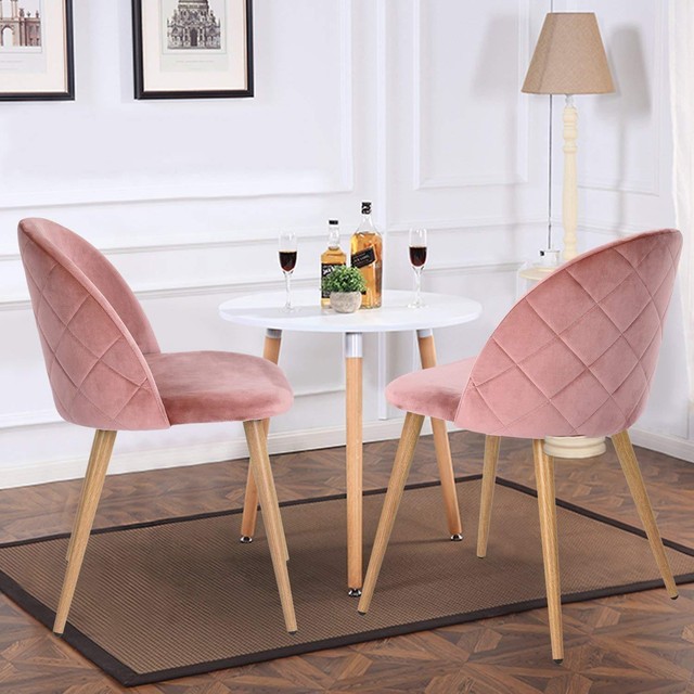 Set Of 2 Dining Chairs Soft Velvet Seat Wooden Look Metal Legs Set Of 2 Dining Chairs Soft Velvet Seat Wooden Look Metal Legs Modern Rose Pink