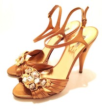 MIU MIU - Runway Rhinestone Jeweled Gold Strappy Leather High Heel Sandals 8 39