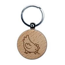 Cartoon Chicken Hen Pecking Ground Engraved Wood Round Keychain Tag Charm