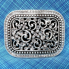 Western Floral Scroll Dress Belt Buckle Open Work Cowgirl Rhinestones Vtg.PCB081