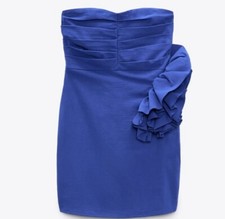 BNWT Stunning Blue Strapless ZARA Voluminous Ruffle Detail Bodycon Dress M 10