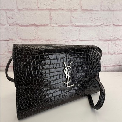Saint Laurent Cassandra Black Croc-Embossed Envelope Wallet