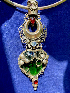 TRIBAL MOROCCO TUAREG TORQUE XL HEART NECKLACE STERLING SILVER OPAL GARNET