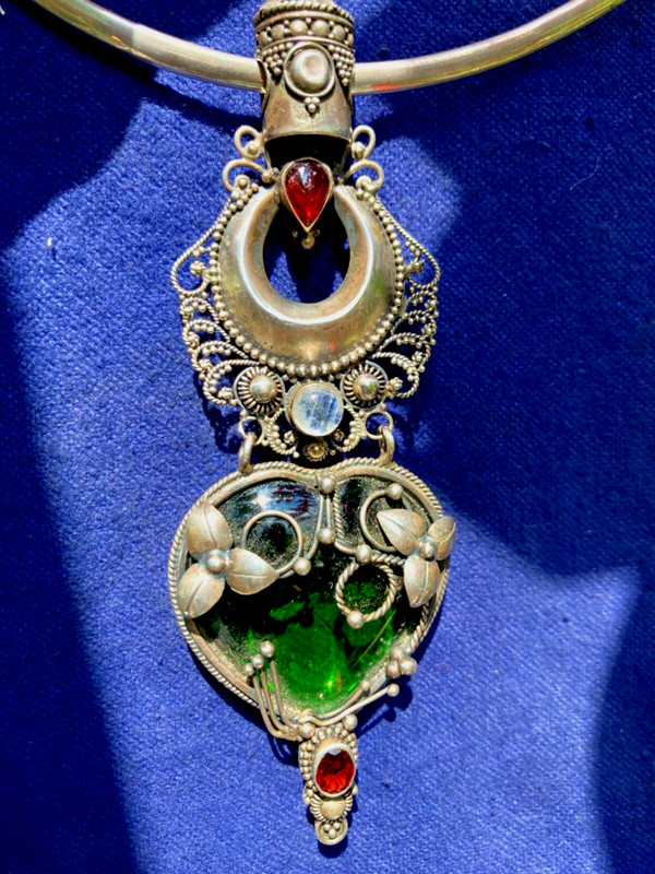 TRIBAL MOROCCO TUAREG TORQUE XL HEART NECKLACE STERLING SILVER OPAL GARNET