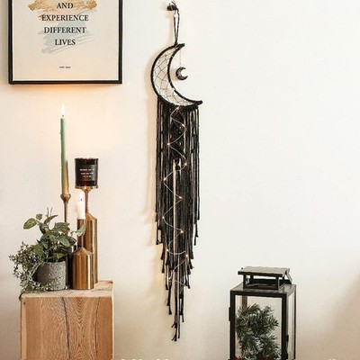 Schwarz Onyx Mond Makramee Traumfänger mit LED Lichter Quaste Boho Schwarz Wandteppich