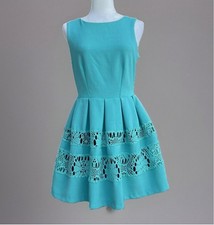 Closet London Teal Sleeveless Fit and Flare Dress Floral Lace Details Size 12