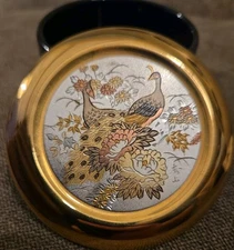 Art of Chokin 24KT Gold-Edged Round Jewelry Curio Trinket Box Pheasants Japan