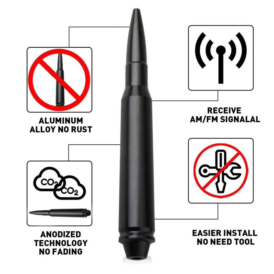 5.7" 50 Cal Bullet Antenna For Ford Dodge Chevy GMC Jeep Toyota Truck Black - Image 3 of 4