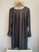 F&F Black Silver Round Neck 3/4 Length Ruffle Sleeve Shift Dress, Size 16