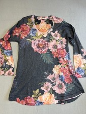 Soft Surroundings gray tunic floral knit womens pullover v neck long sleeve S
