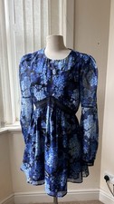 Oasis Blue Floral Chiffon Mini Dress UK 12 Long Sleeve Empire Line NWT