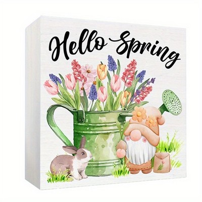 Vintage Easter Wooden Box Sign Hello Spring Tulip Bunny Farmhouse Decoration
