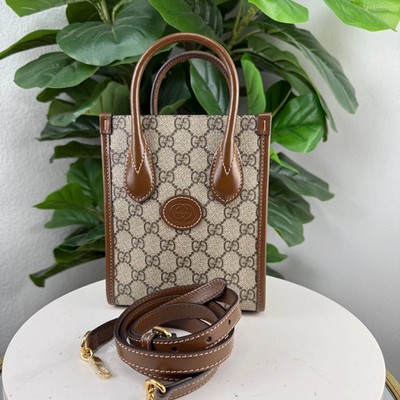 Gucci GG Supreme Mini Tote Bag Beige Brown Crossbody Authentic Pre Owned