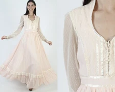 Vintage 70s Peach Gunne Sax Dress Lace Up Corset Prairie Wedding Gown Sz 11