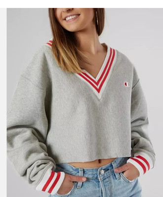 CHAMPION Reverse Weave Cropped V Neck Sweatshirt Oversized Gray