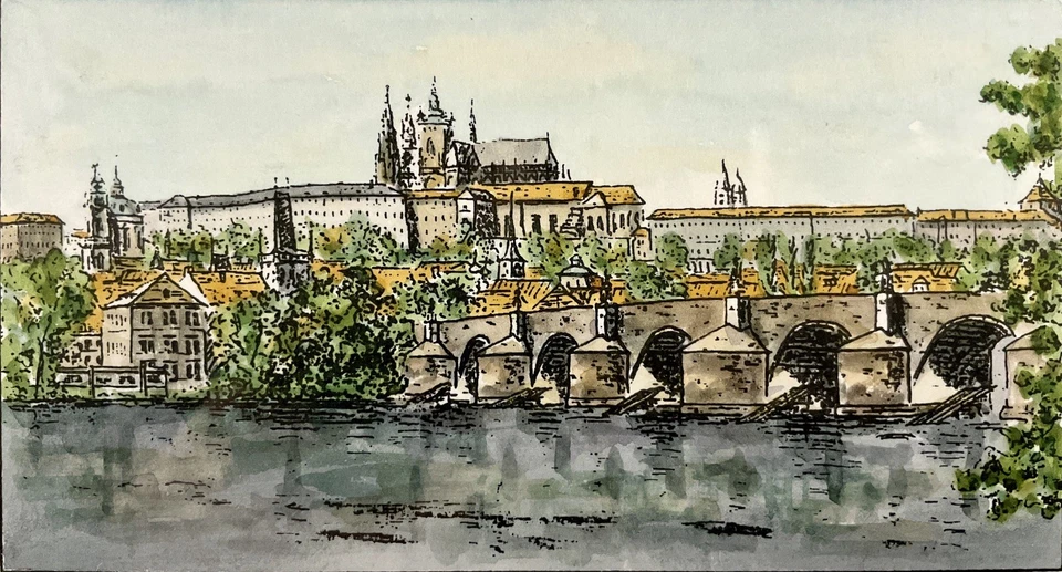 Pintura acuarela paisaje urbano firmada enmarcada vintage “Puente de Carlos en Praga” Foto 3 de 4