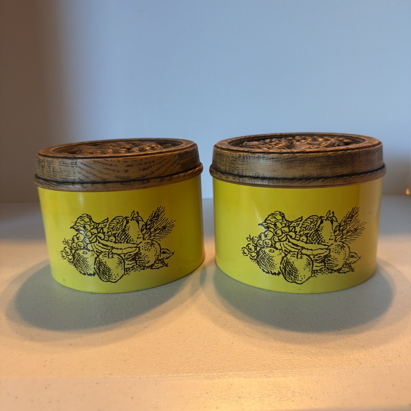 Vintage Cheinco Housewares Tin Canister MCM Kitchen Decor Yellow Fruits Set Of 2