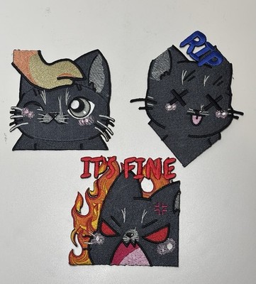 3 Pcs Black Cat Embroidered Patch Set | RIP Meme | Its Fine Cat Iron On Patches