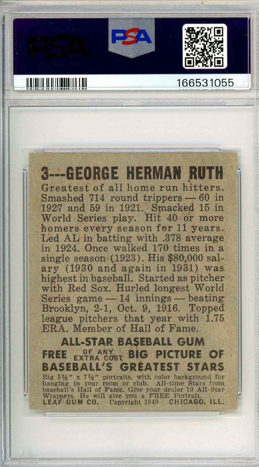 1948 Leaf BABE RUTH #3 PSA Grade 5 EX-Cond "Just Graded Estate Find Fresh Looks" view 2