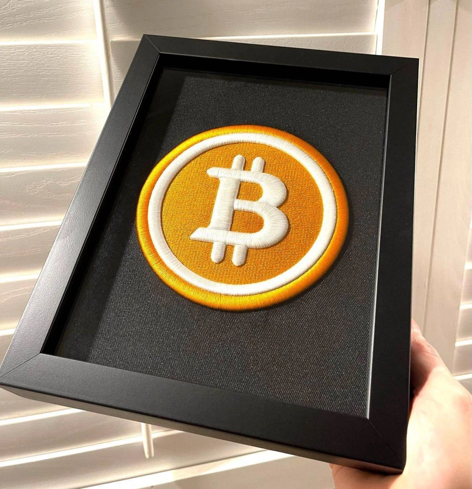 OriginalBTC-Bitcoin Logo 3D Embroidery Artwork in Matte Black Thick Frame Crypto - Image 3 of 4