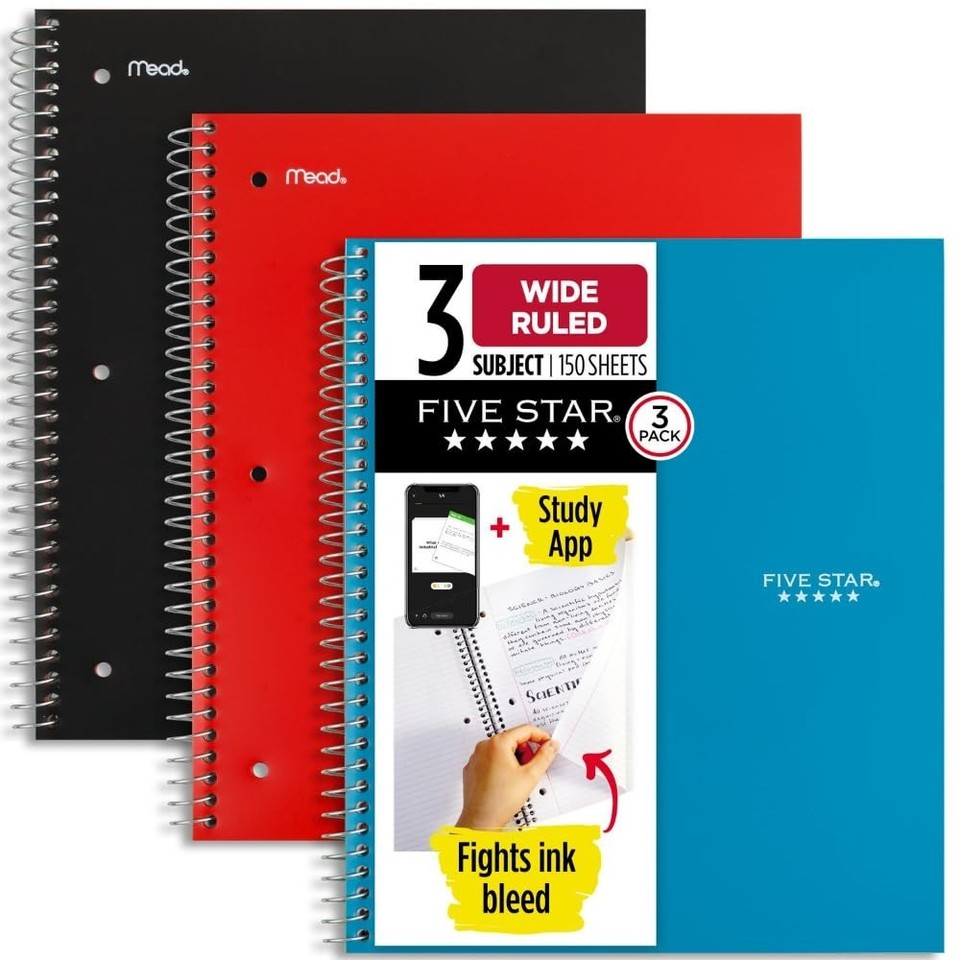 Subject Wide Ruled Blue Notebook Spiral Notebook 3 Pack - 3 Subject Wide Ruled, 8