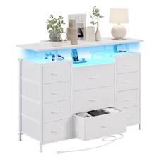  11 Drawers Dresser with Fabric Drawers,Charging Station, LED Lights and White