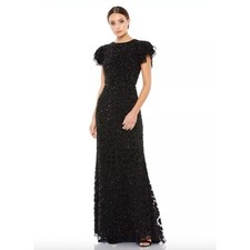 MAC DUGGAL Dress Size 4 Evening Gown Sequin Black Fully Beaded Maxi Flutter Slv