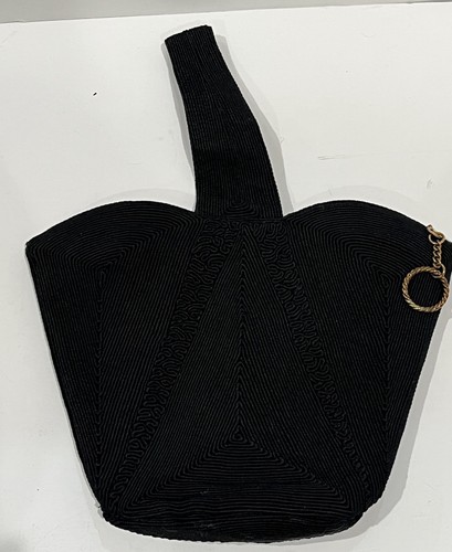 Vintage Black Sculptural Evening Bag Wristlet Purse Gold Rope Charm
