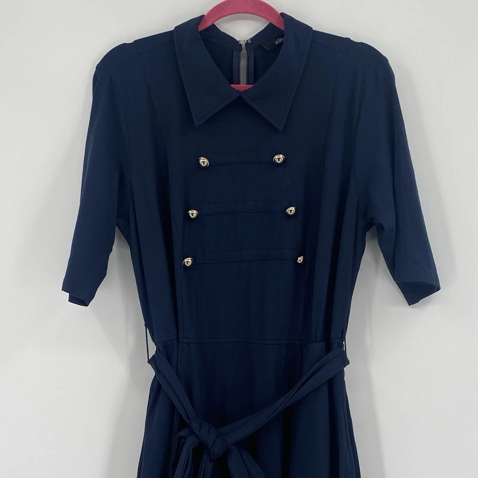 eShakti Dress 1X 16W Blue Fit & Flare Jersey Stretch Nautical Retro Collared - Image 3 of 4