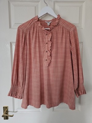 Seasalt Feder Stern Top Größe 14 Kariert Dusty Rose Rüschen Teil Knopfleiste 