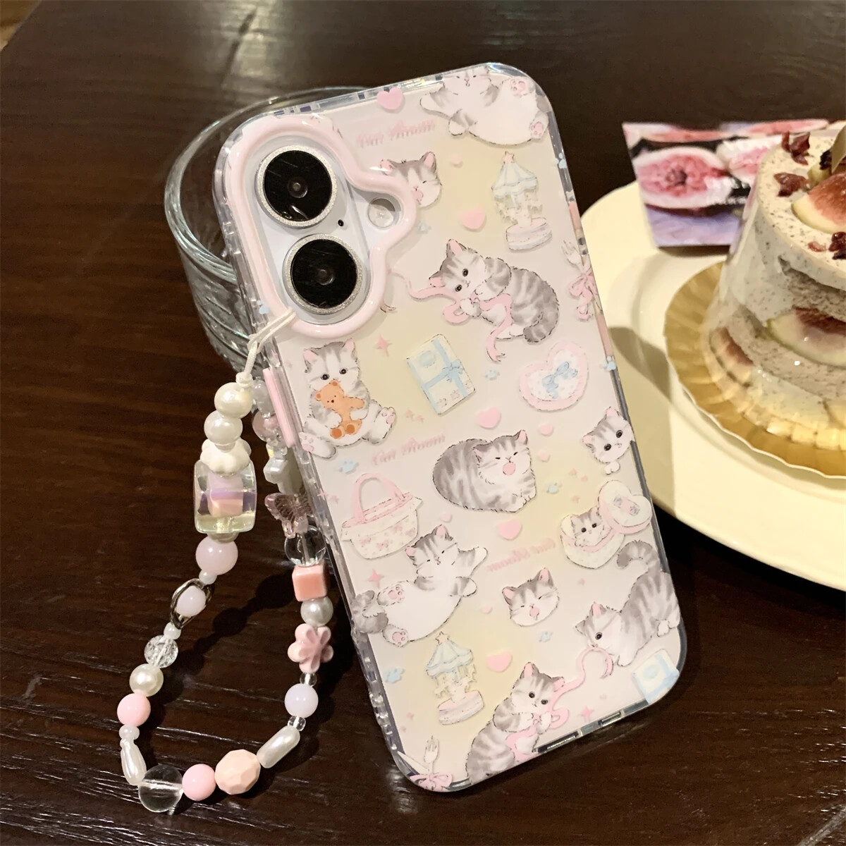 For iPhone 16 15 14 13 Pro Max Cute Pet Cat Wristband Bracelet Soft Phone Case