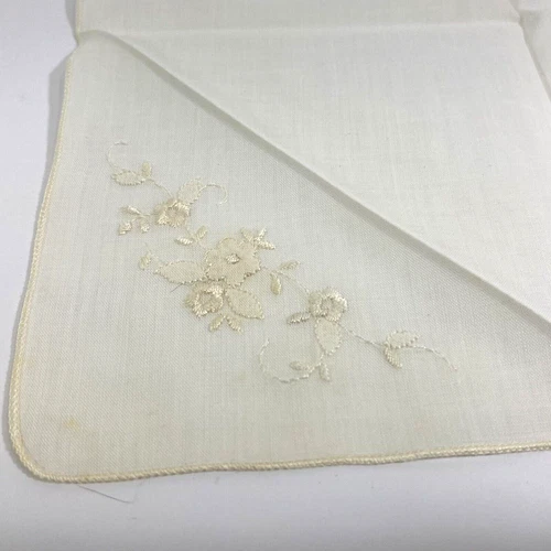 Vintage Handkerchief Ivory Cotton Lawn Flower Embroidery Hanky Bridal 10x9.5"