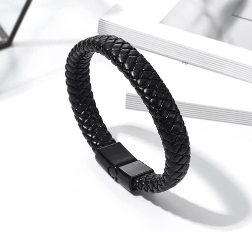 Black Bracelet Men's Braided Leather Bangle Stainless Steel Cuff Wristband Gift - Picture 6 of 40