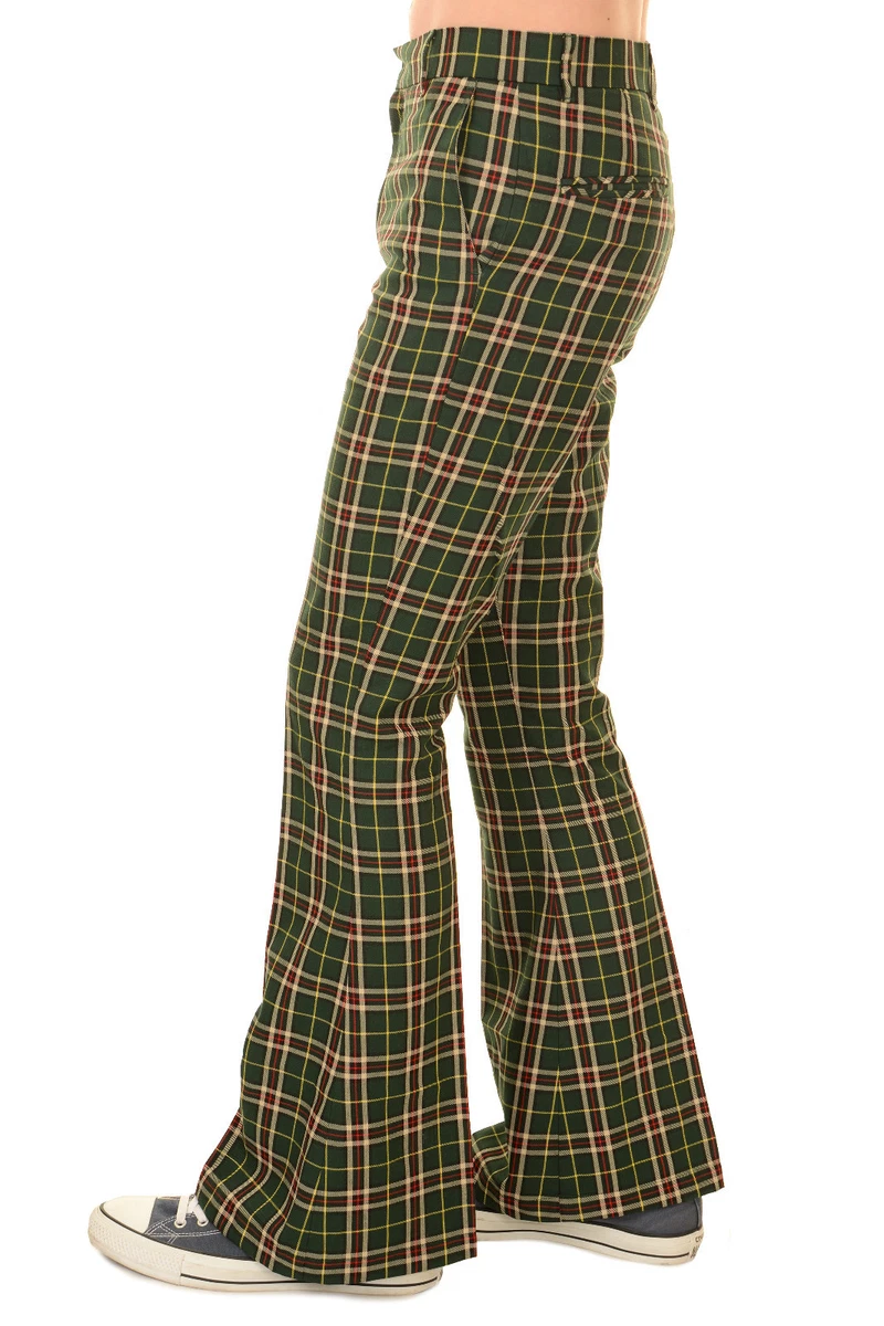 Men's Run & Fly 60's 70's Vintage Retro Green Tartan Plaid Bell Bottom  Trousers