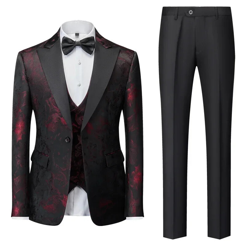 Men's Wedding Suit 3-Piece Set with Blazer Pants Vest Floral Design-image