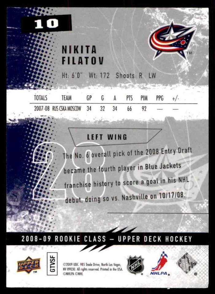 2008-09 Upper Deck Rookie Class Nikita Filatov RC #10 - Image 2 of 2