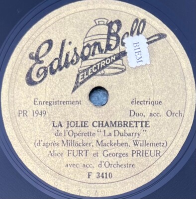 Alice Furt & Georges Prieur: La jolie chamberette 78 rpm EDISON BELL F 3410 EX+