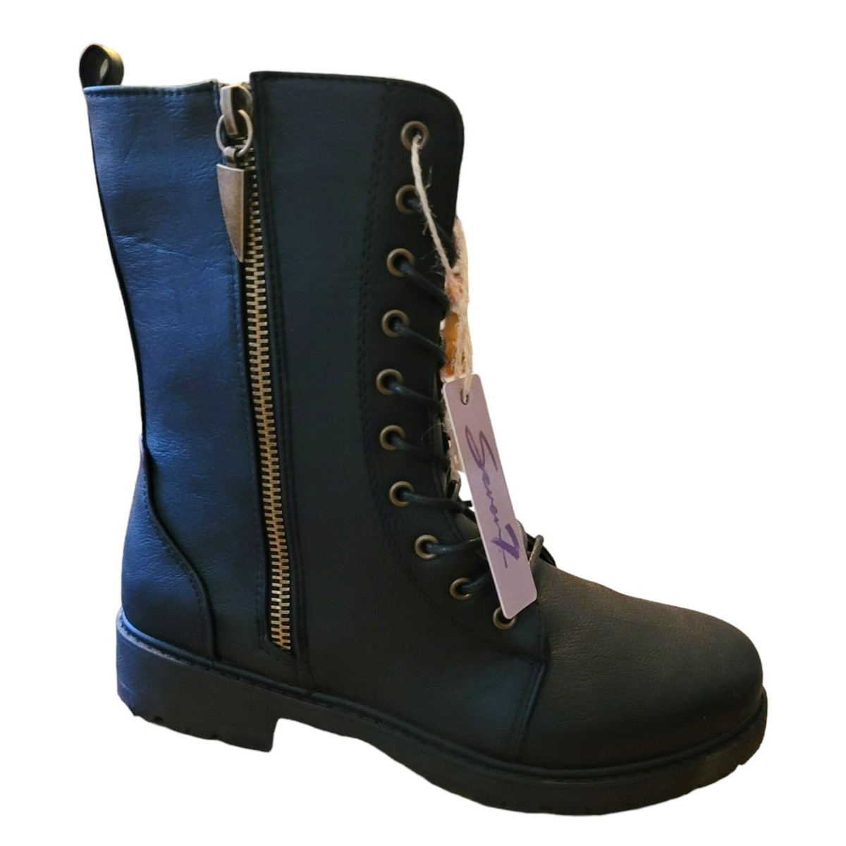 Seven7 Black Boots Mr. Zipper Brass Side Zip Lace-up Faux Seven7 Black Boots Mr. Zipper Brass Side Zip Lace-up Faux