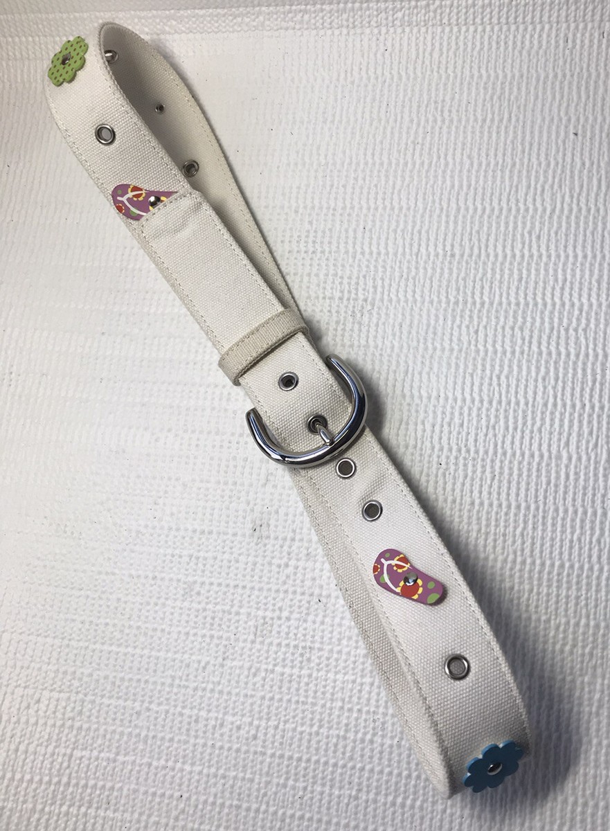 Womens White Canvas Flip Flop and Flower Embellished Belt Sz 32