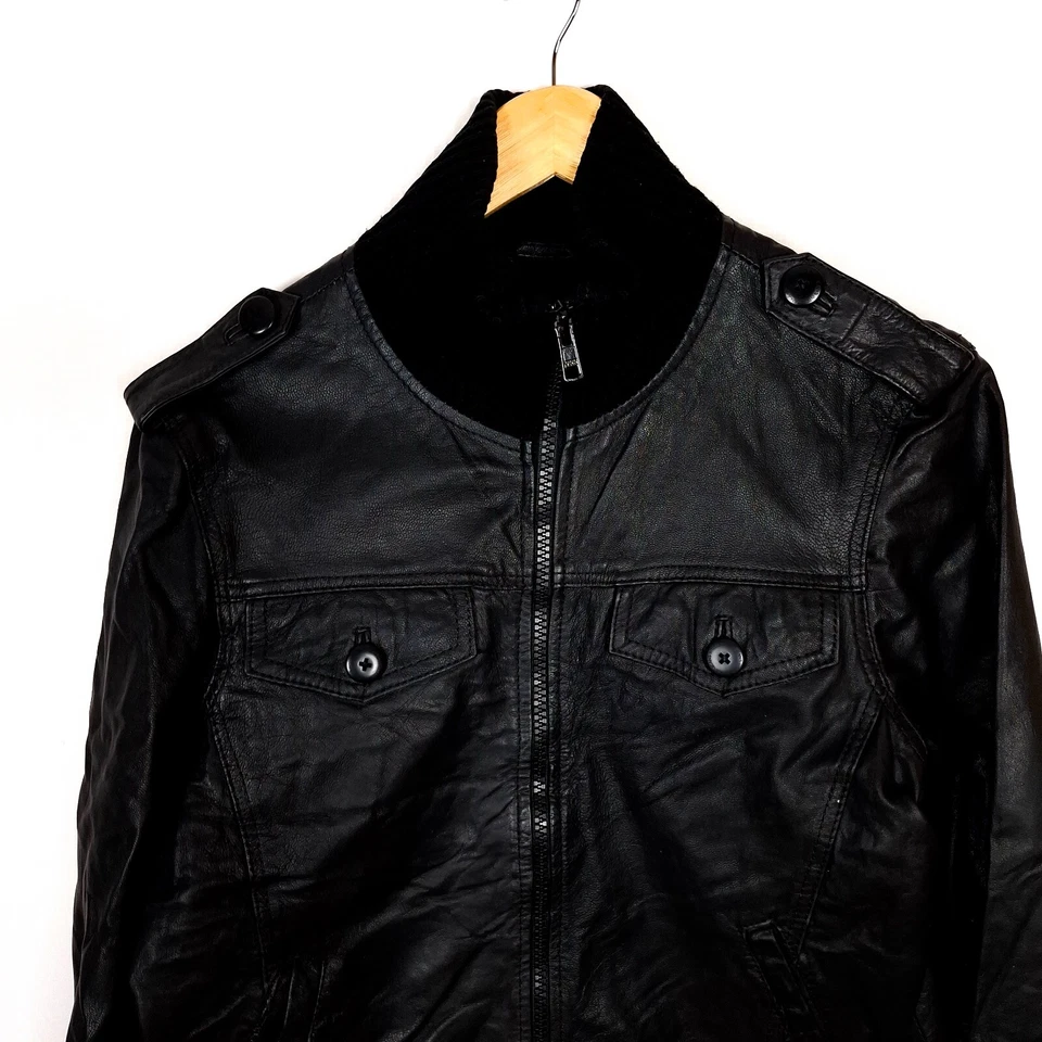 JACK & JONES Men's Bomber Leather Jacket Size S Black Full Zip Ribbed Hem MARINE - Image 3 of 4