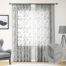 Light Grey Sheer Curtains 52x84" Embroidered Leaf Pattern 2 Panels for Living Ro