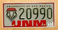 UNIVERSITY OF NM  LOBO GO LOBOS NEW MEXICO LICENSE PLATE " 20990 " ALBUQUERQUE 