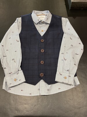 Boys Navy Blue Check Waist Coat and Shirt Set Age 5/6yrs UK