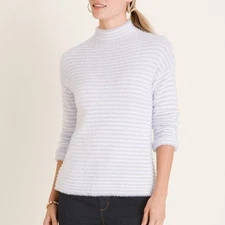Chicos Sweater Womens L White Lavender Striped Mock Neck Fuzzy Knit Cozy Lounge