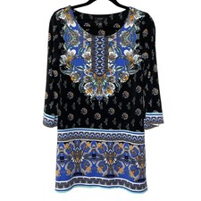 Alfani Boho Paisley Long Sleeve Scoop Neck Knee Length Dress Black Women's XS